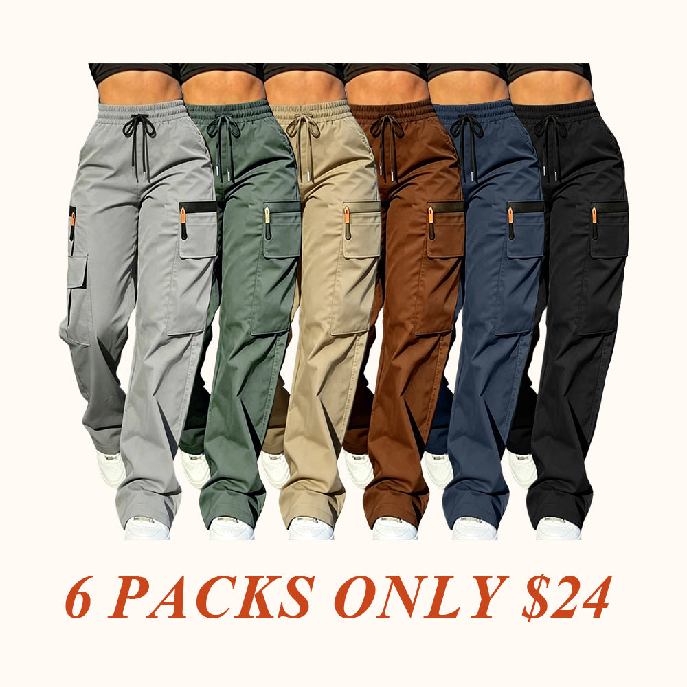 Women’s summer breathable cargo pants— lightweight, quick-drying casual outdoor long pants with drawstring and faux zipper details, multiple pockets